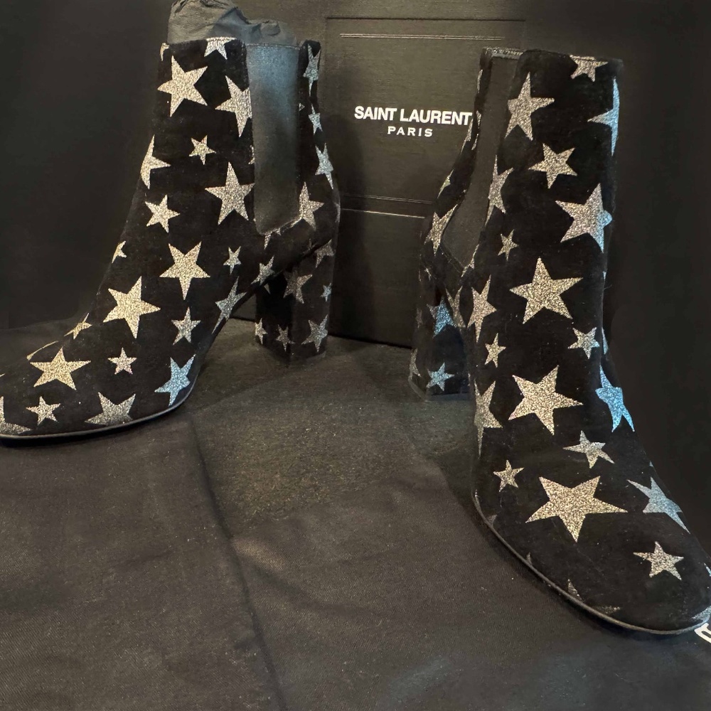 SAINT LAURENT Black Suede Ankle Boots with Silver Glitter Stars
